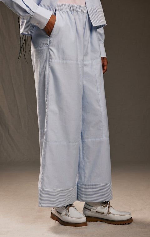 Pap'Atelier upcycled wide-leg trousers in sky blue and white striped cotton - Image 1