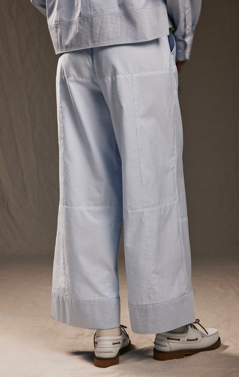 Pap'Atelier upcycled wide-leg trousers in sky blue and white striped cotton - Image 2
