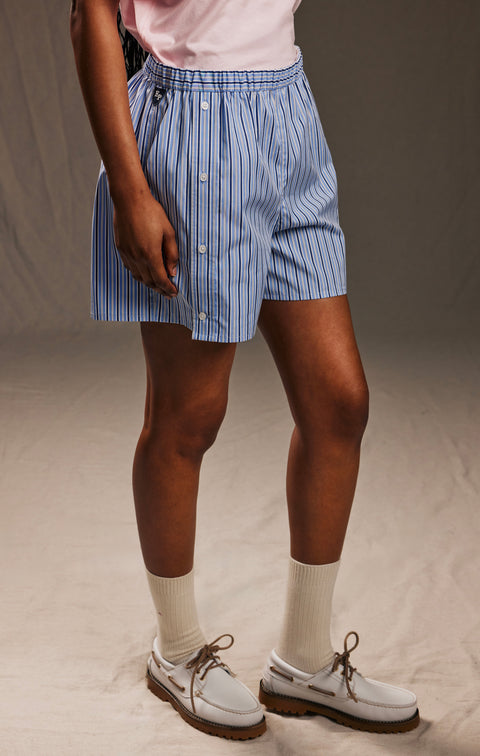 Pap'Atelier upcycled sky blue and white striped cotton shorts - Image 1