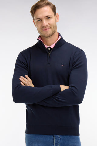 Navy blue cotton jersey jumper with trucker neck