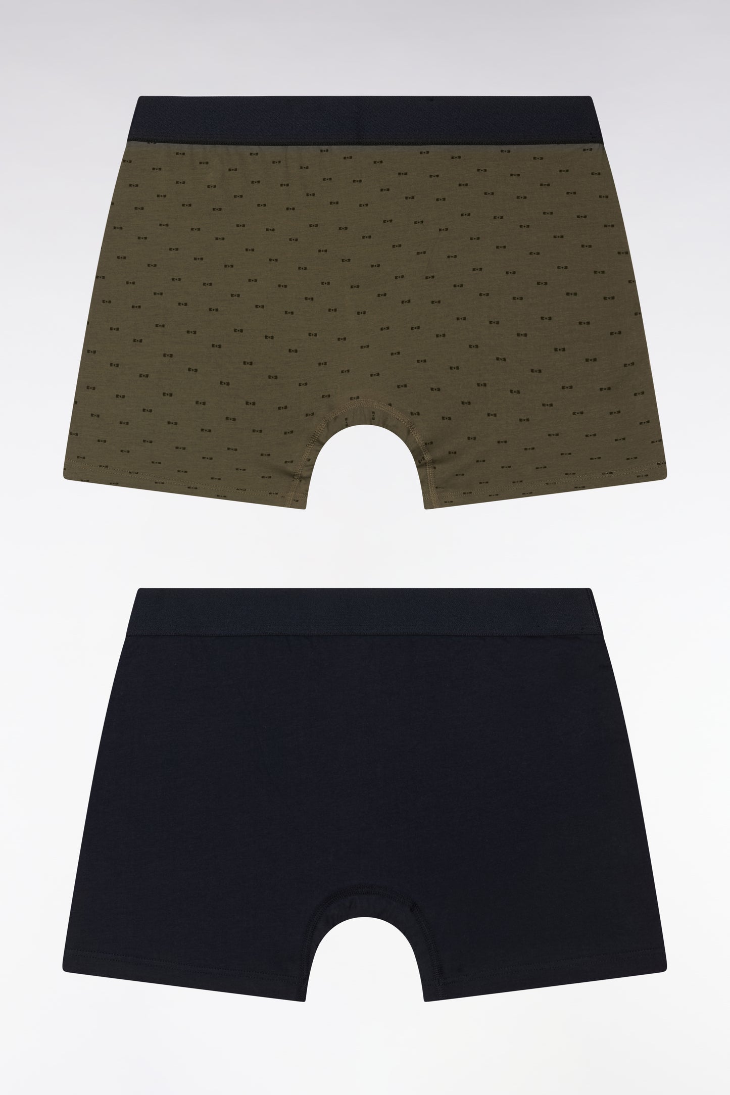 Set of two plain and printed boxer shorts in navy and khaki stretch cotton jersey