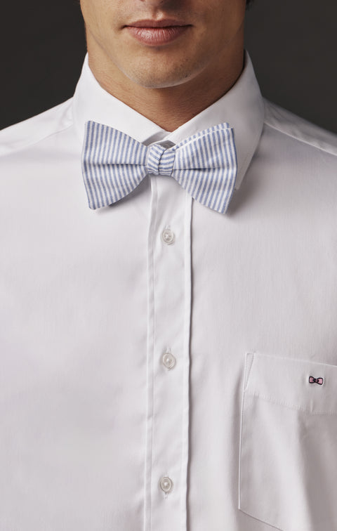 Pap'Atelier upcycled white and sky striped bow tie - Image 1