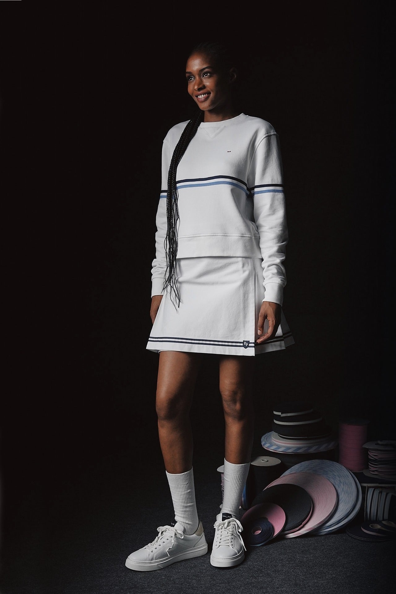 Pap'atelier white pleated kilt skirt with striped trim