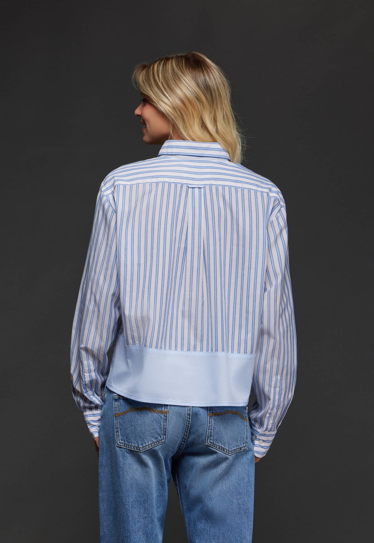 Striped blue cotton shirt with plain yoke upcycled Pap'Atelier