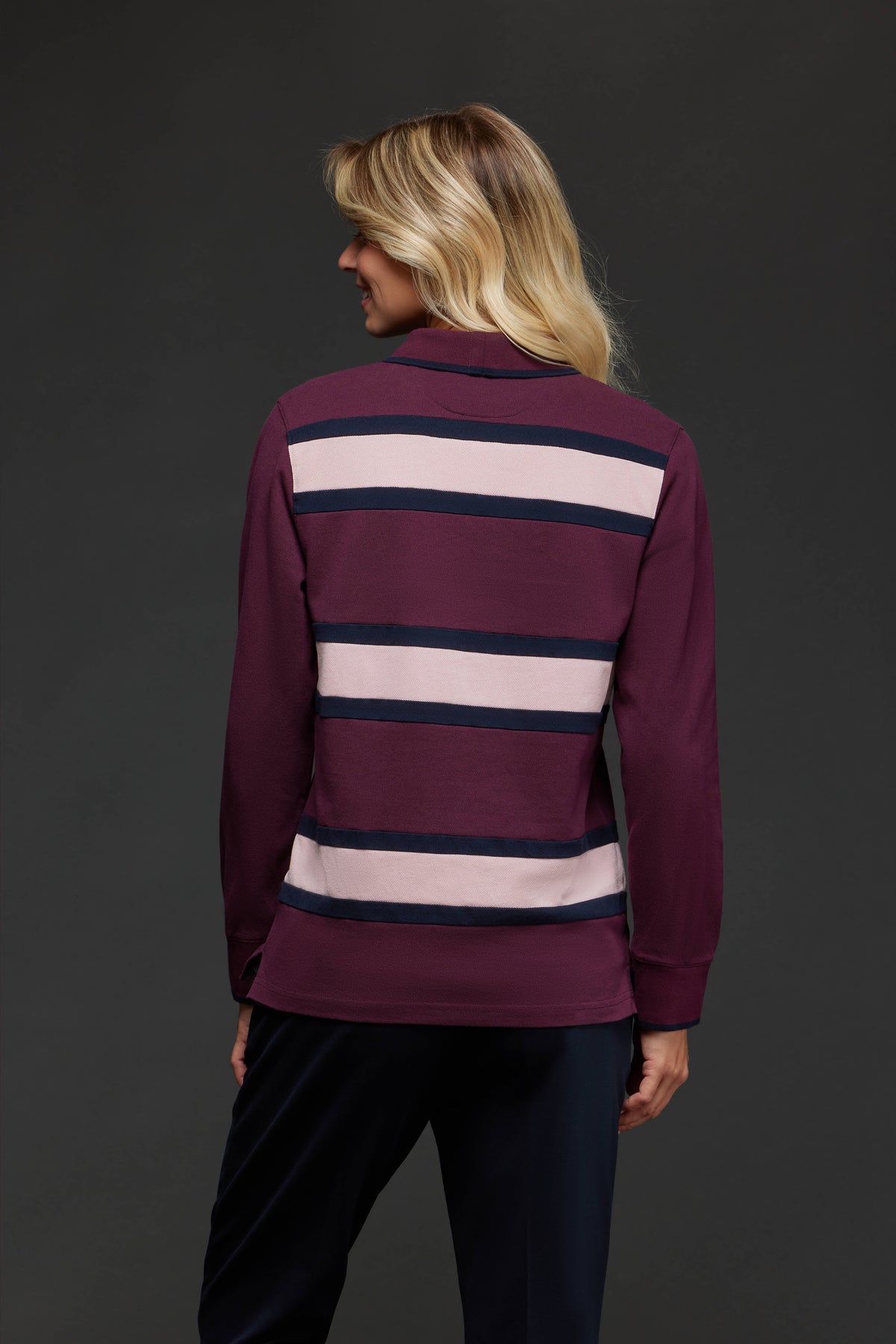 Polo manches longues upcyclé Pap'Atelier en coton bordeaux à rayures roses et marine