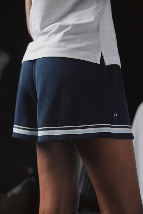 Pap'atelier navy shorts with elastic waist striped trims and crest - Image 2