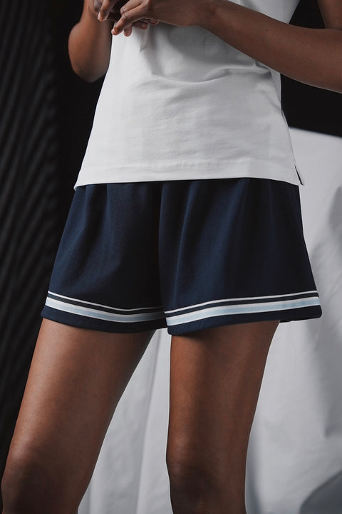 Pap'atelier navy shorts with elastic waist striped trims and crest - Image 1