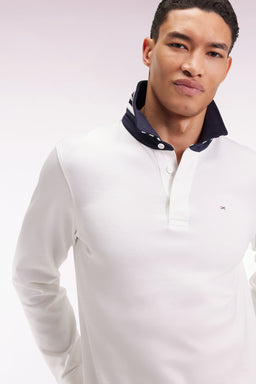 Long-sleeved white jersey jersey with striped under collar
