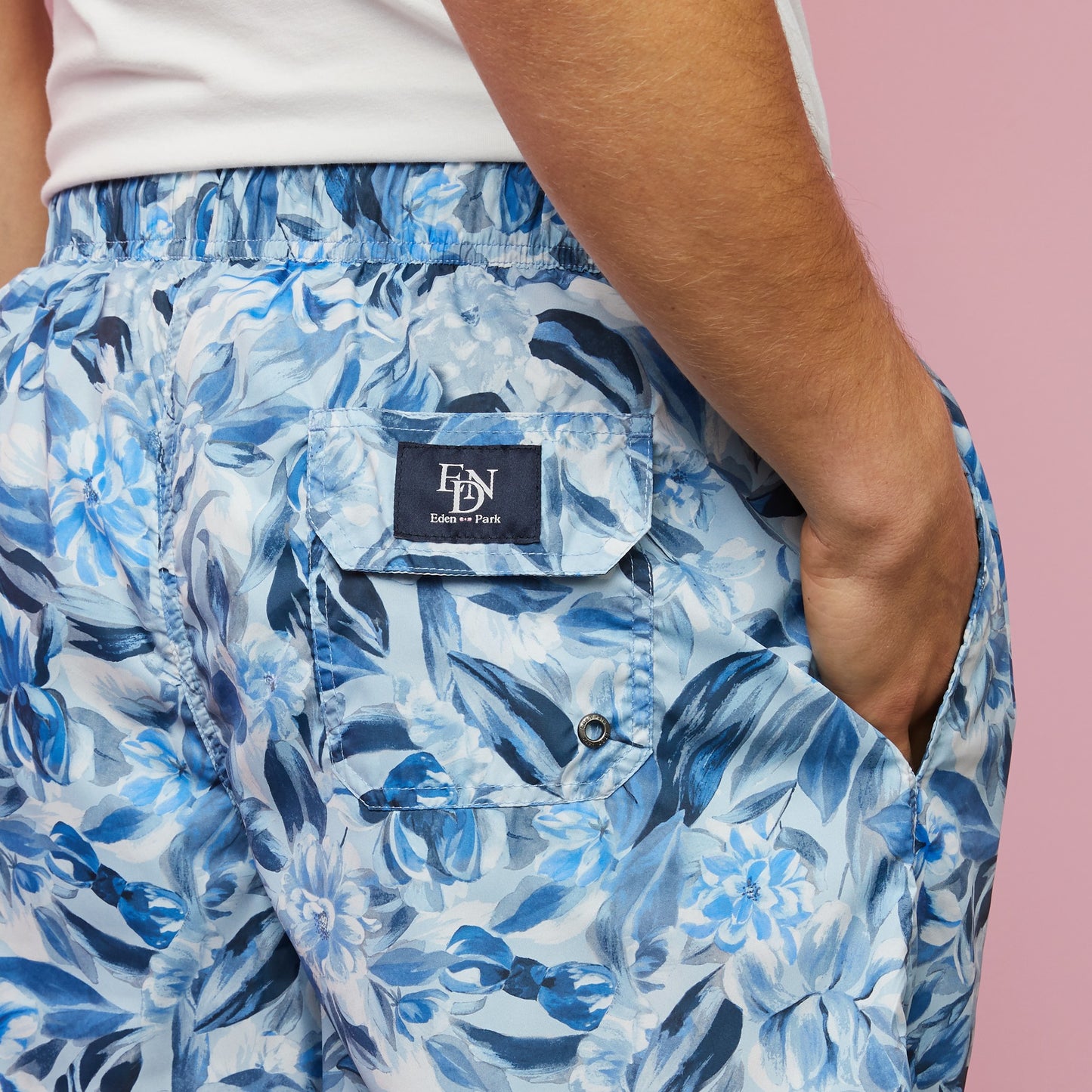 Blue swim shorts with exclusive floral print
