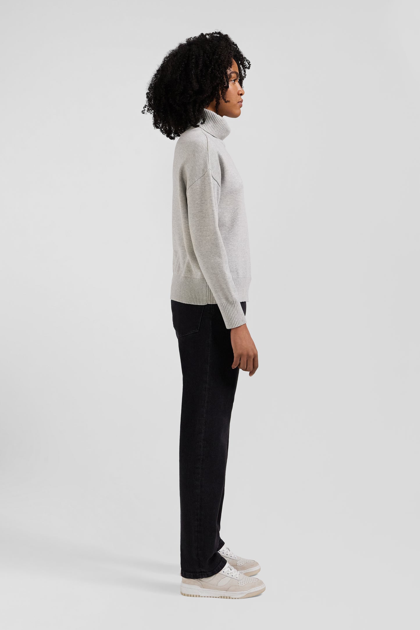 Relaxed light grey wool and cotton turtleneck jumper