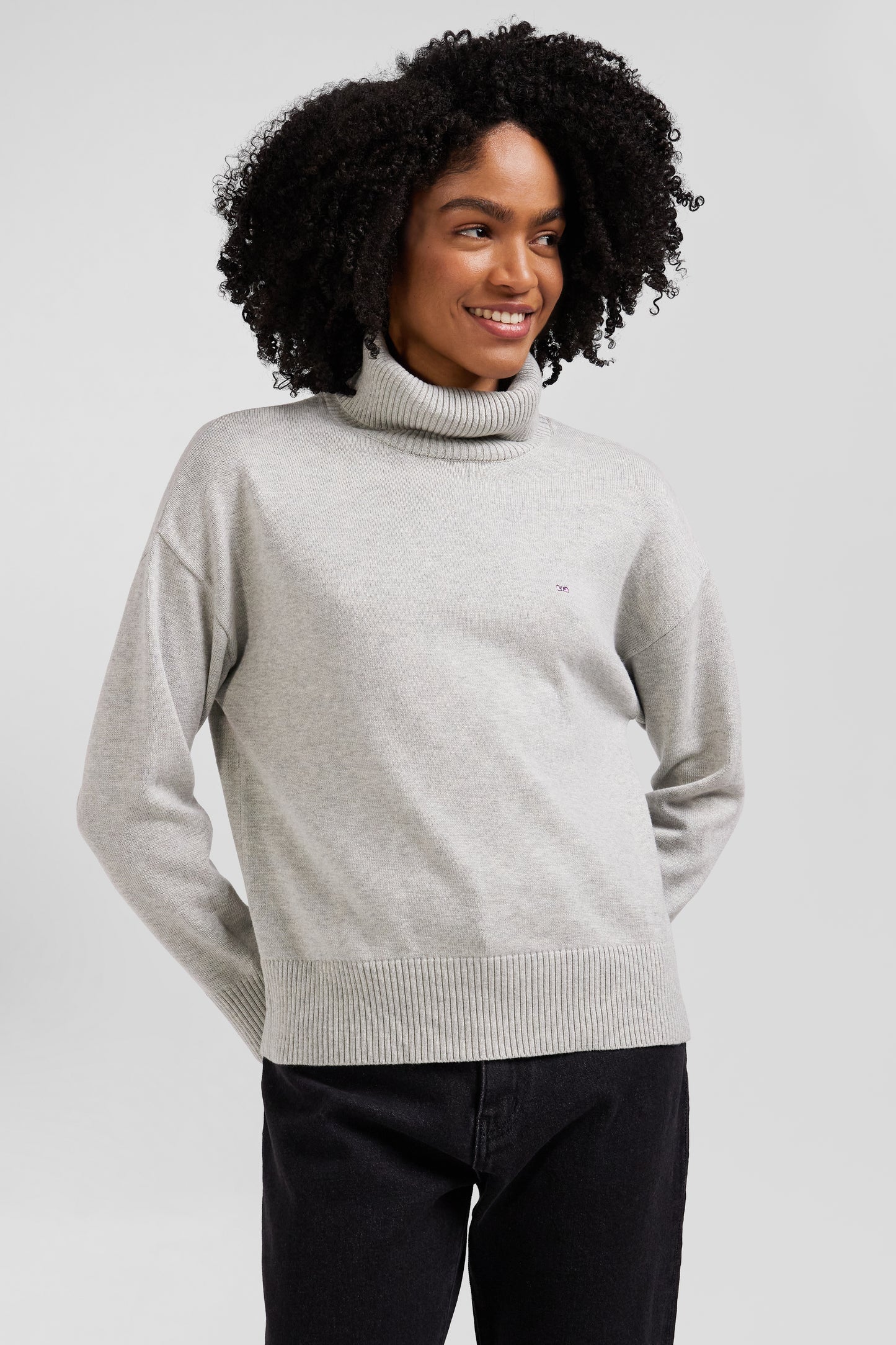 Relaxed light grey wool and cotton turtleneck jumper