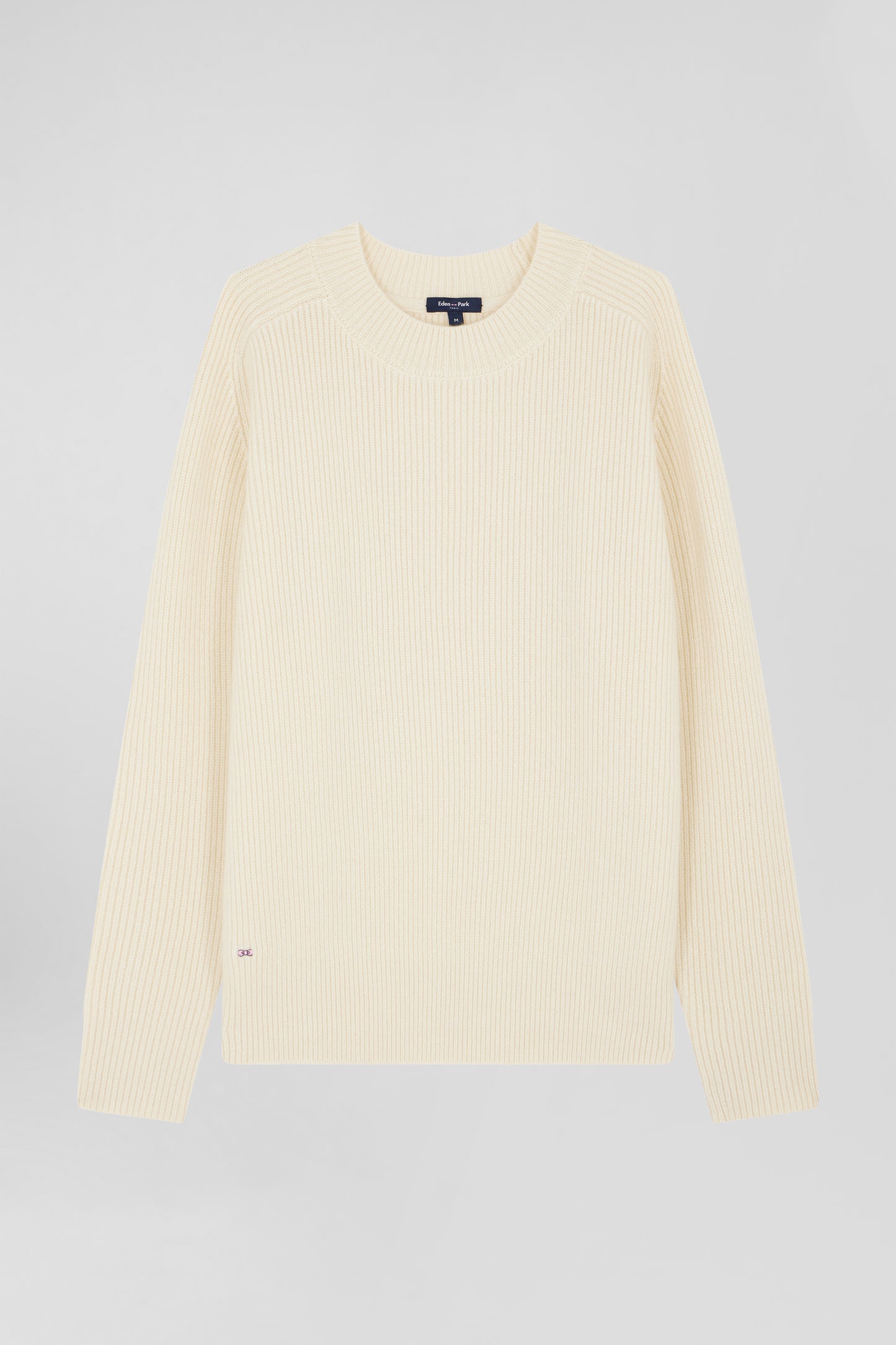 Pull col rond uni en laine et cachemire beige coupe Regular