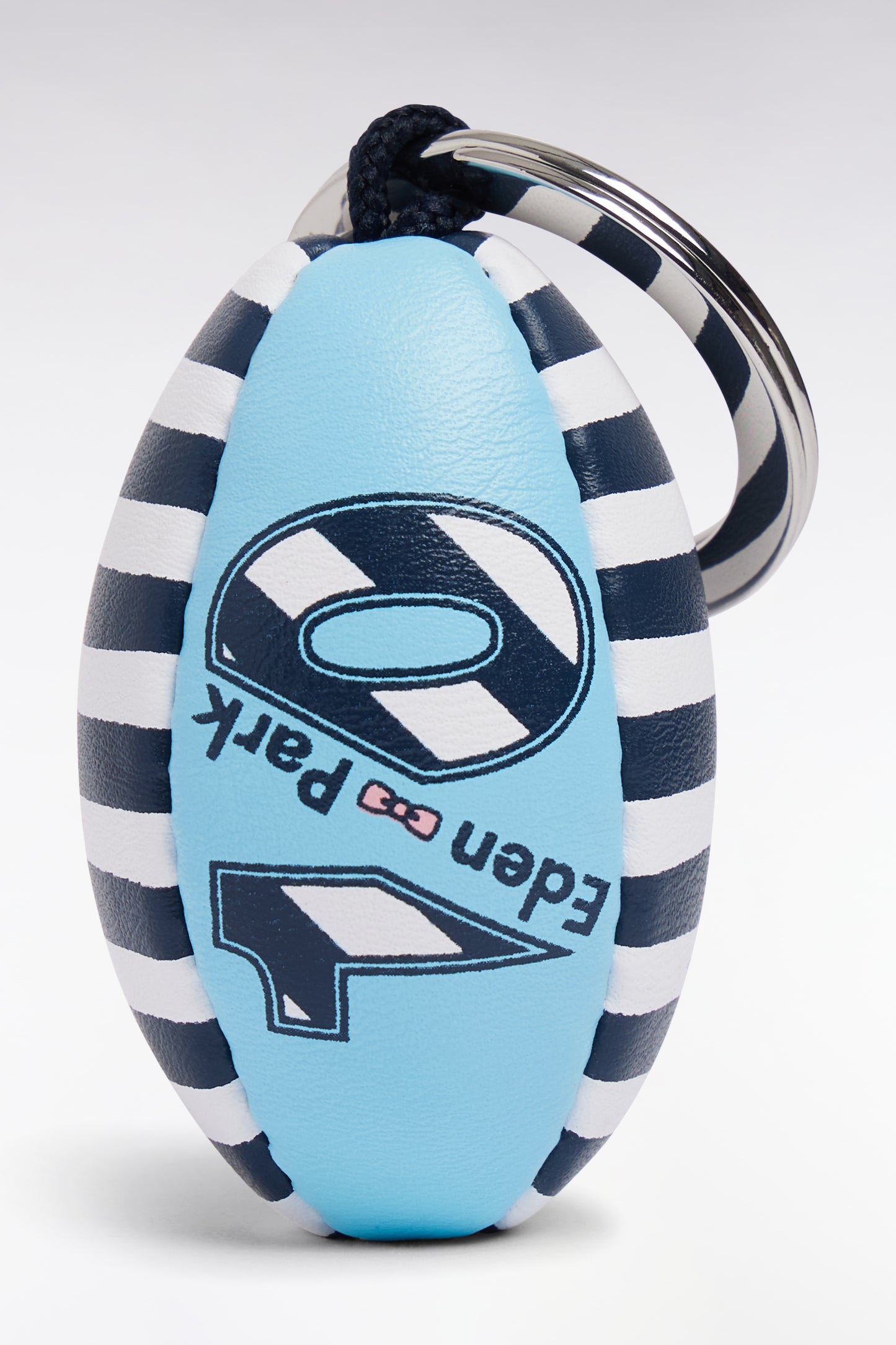 Navy and sky blue striped rugby ball keyring
