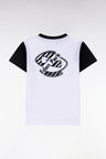 Navy and white cotton T-shirt with hooped back embroidery, straight cut