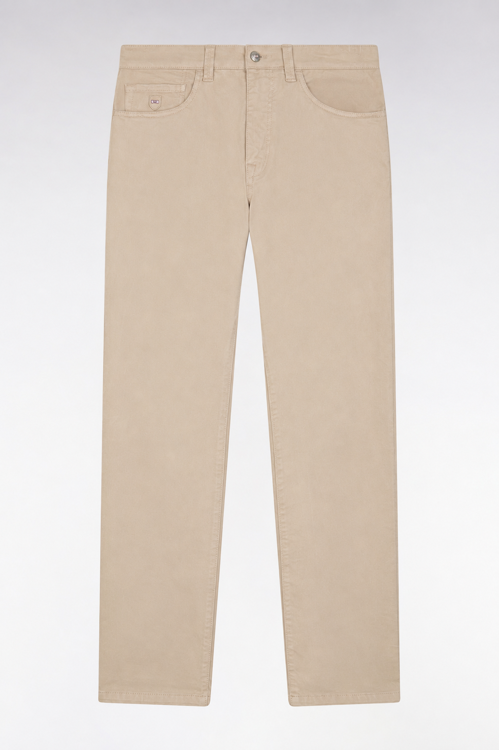Pantalon 5 poches en toile de coton stretch beige coupe regular