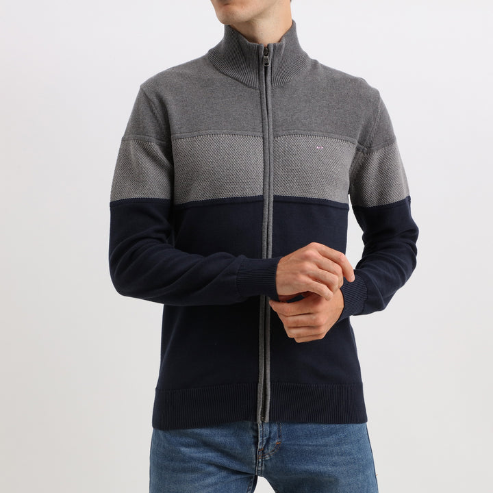 Cardigan zippé marine et gris en coton