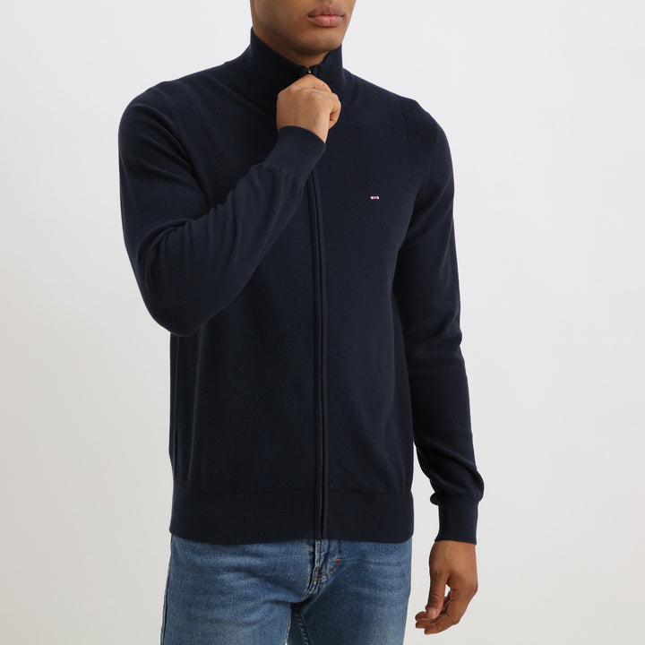 Cardigan zippé marine en coton points fantaisie