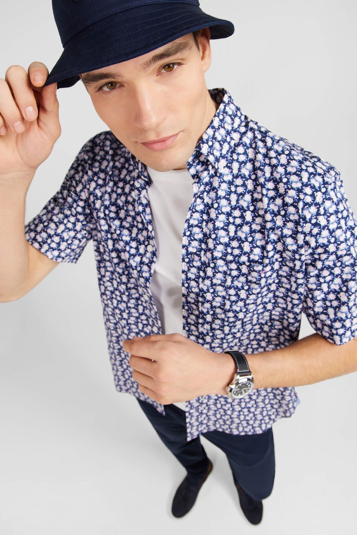 Navy blue shirt with flower print - Image 1