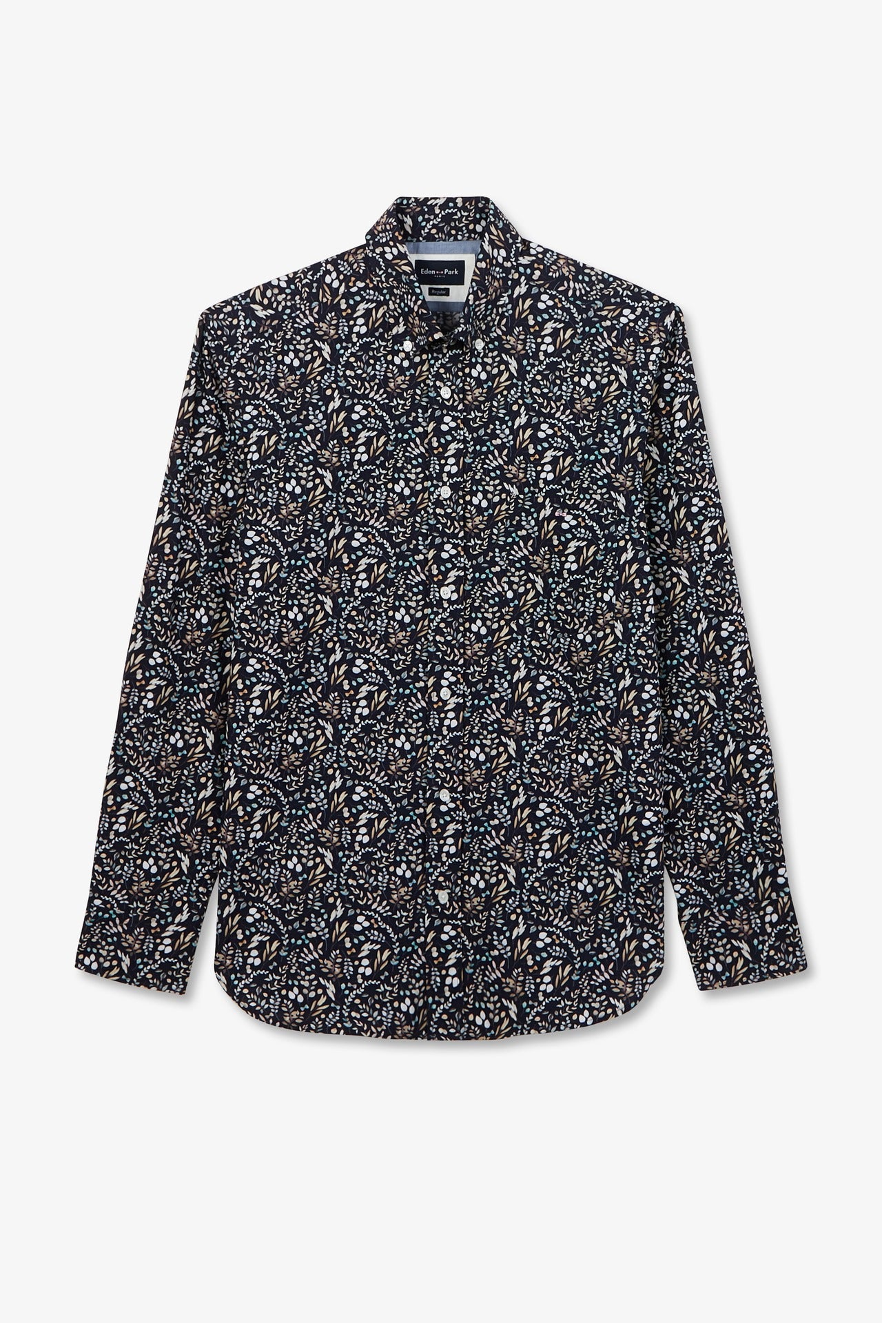 Dark blue poplin shirt with foliage print