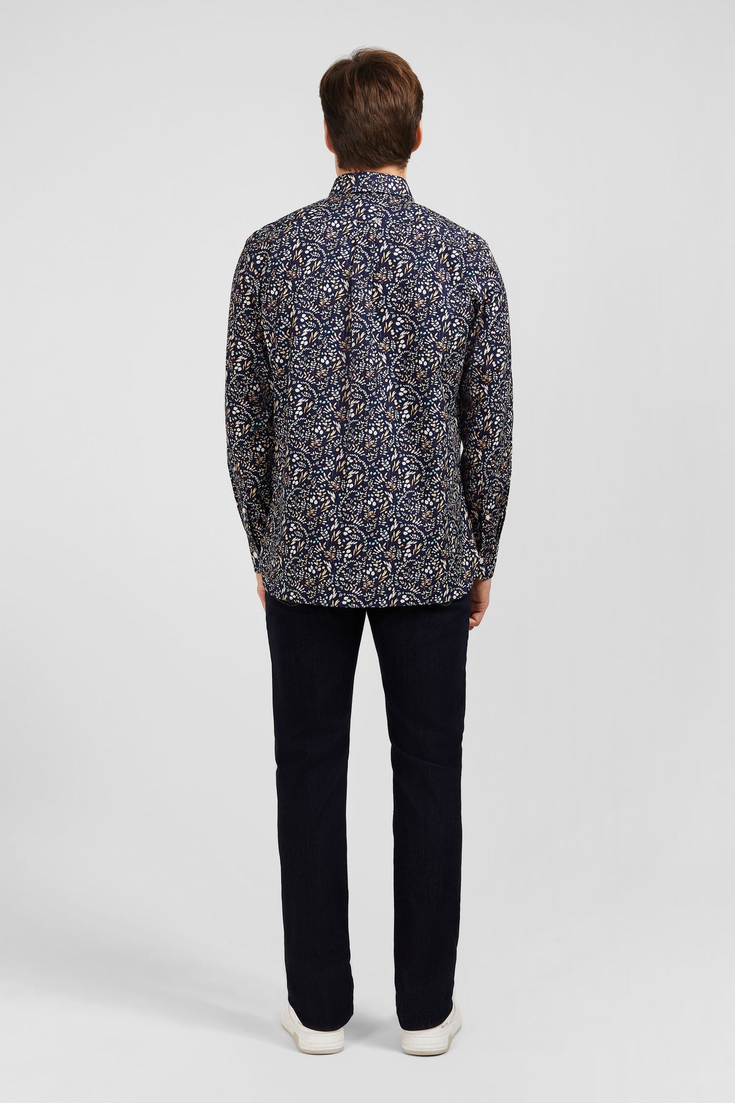 Dark blue poplin shirt with foliage print