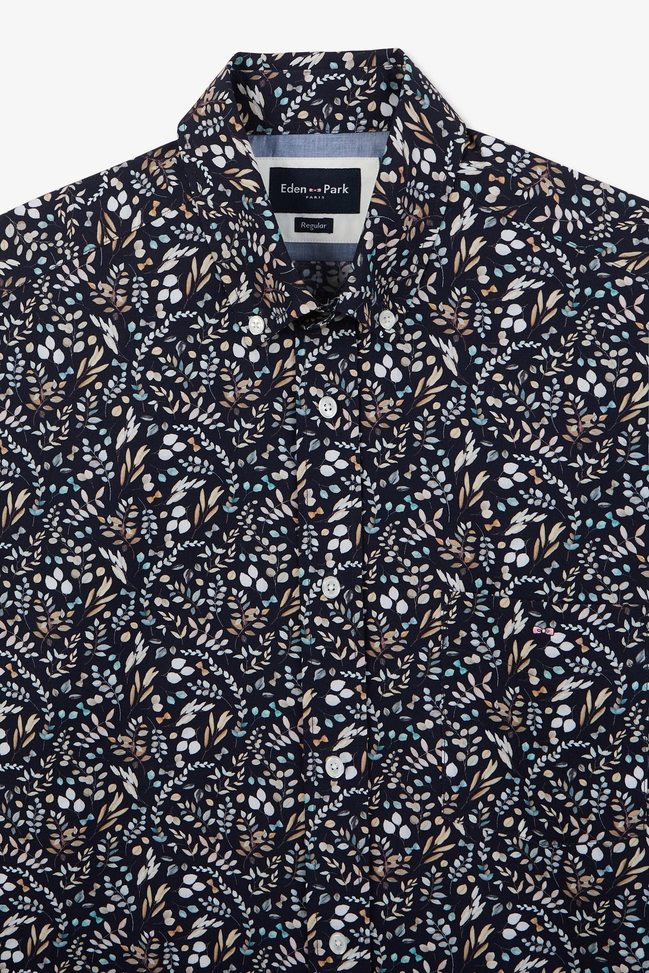 Dark blue poplin shirt with foliage print