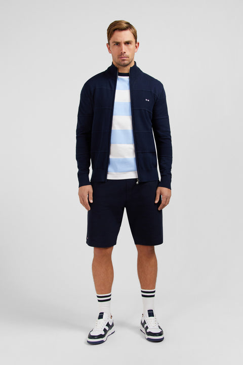 Navy blue zip cardigan in combination knit - Image 1