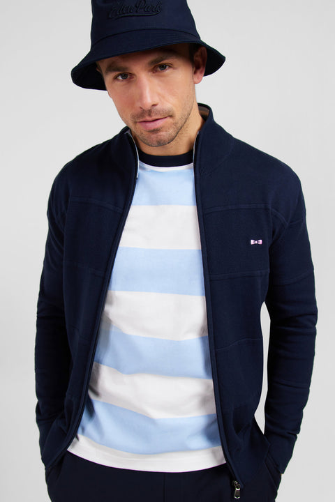 Navy blue zip cardigan in combination knit - Image 3