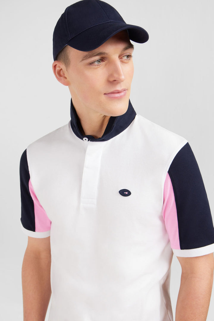 White colour-block polo shirt with No. 1 embroidery on the back