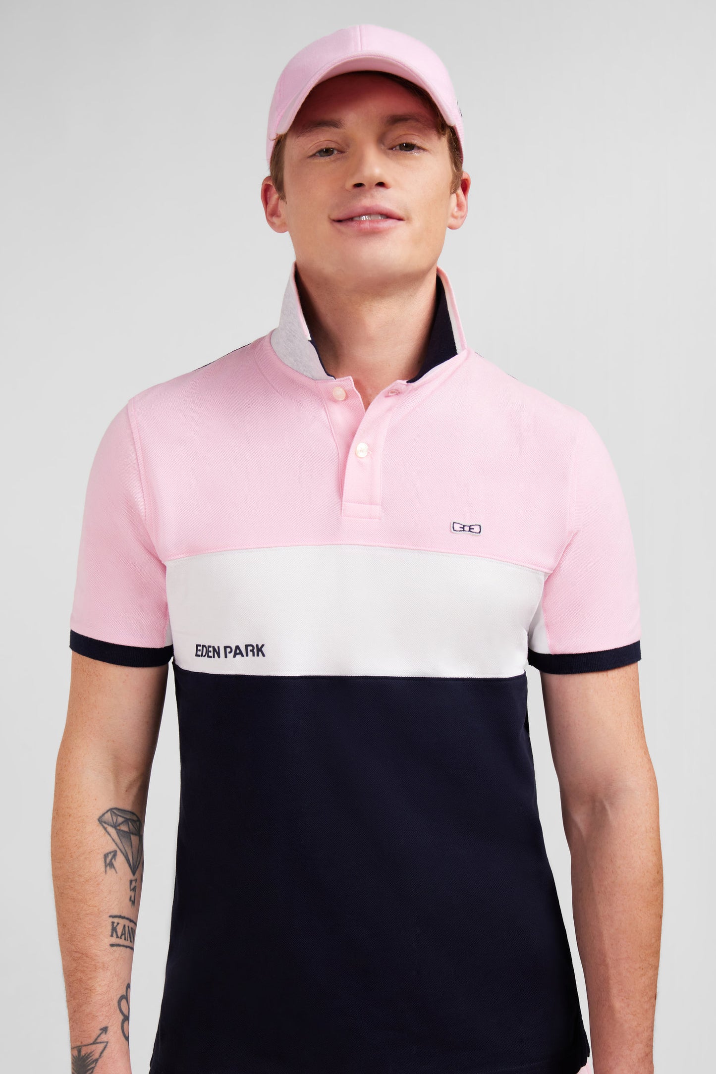 Pink short-sleeved colour-block polo shirt