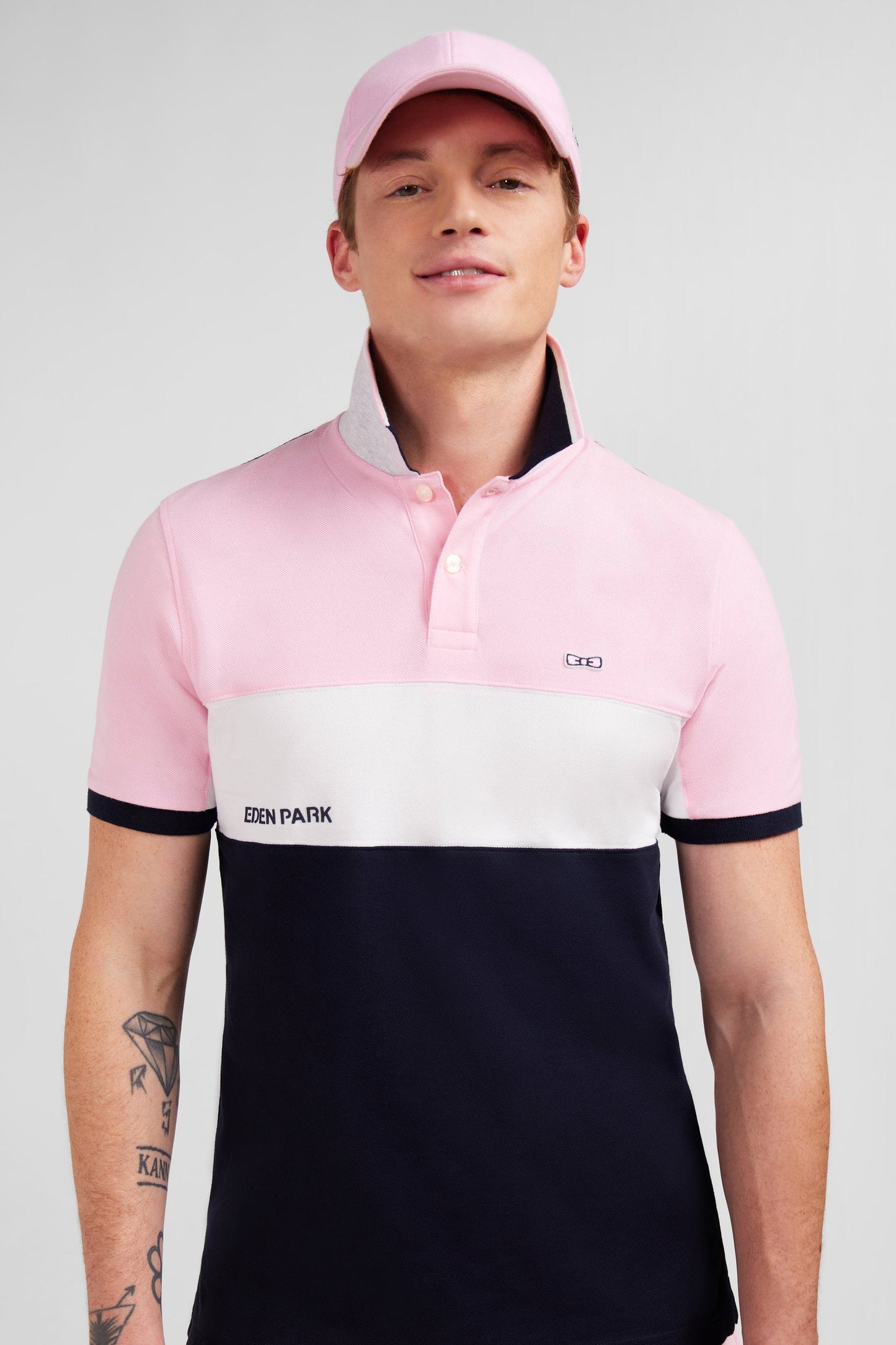 Pink short-sleeved colour-block polo shirt - Image 1
