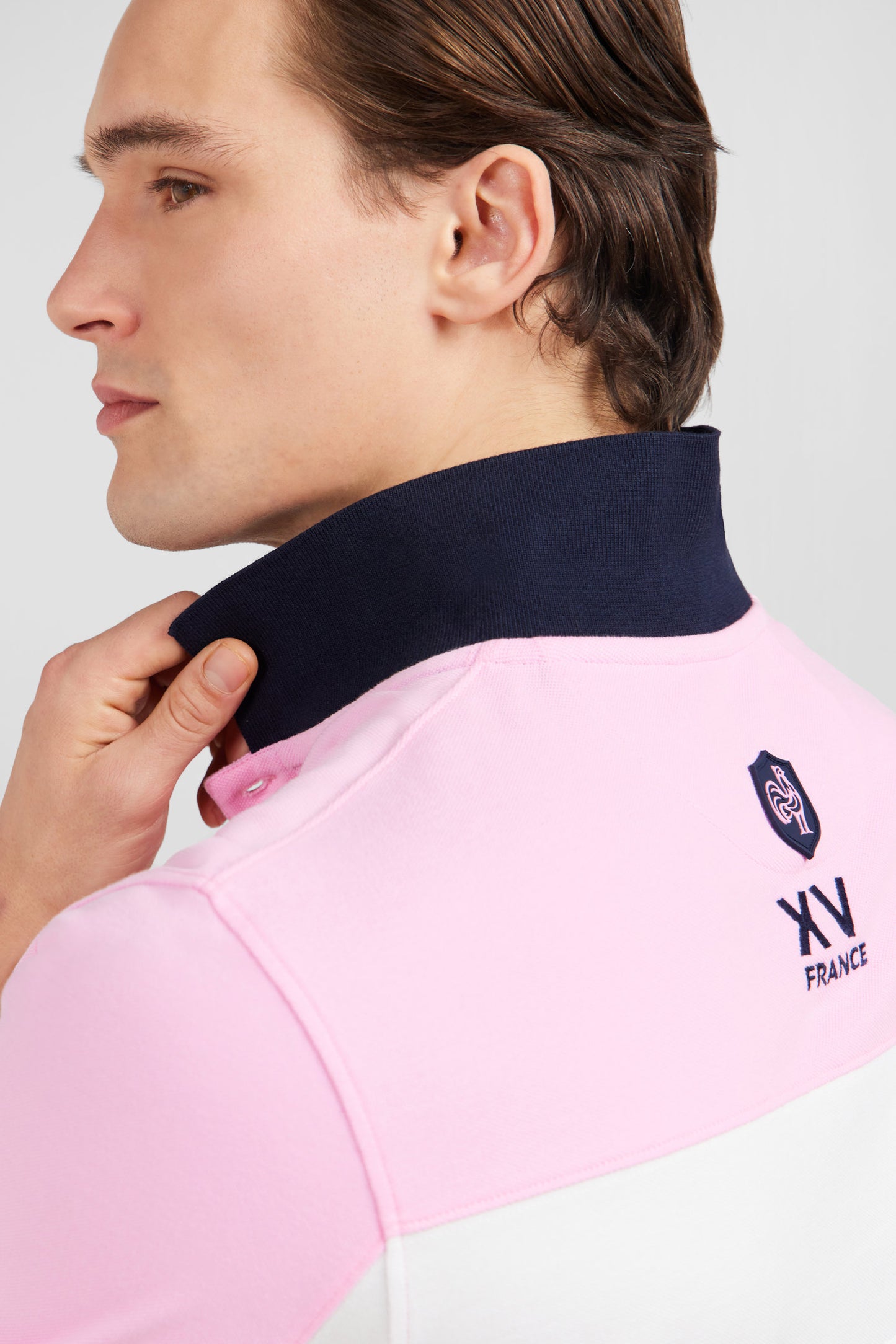Pink colour-block polo shirt in cotton pique with XV de France embroidery