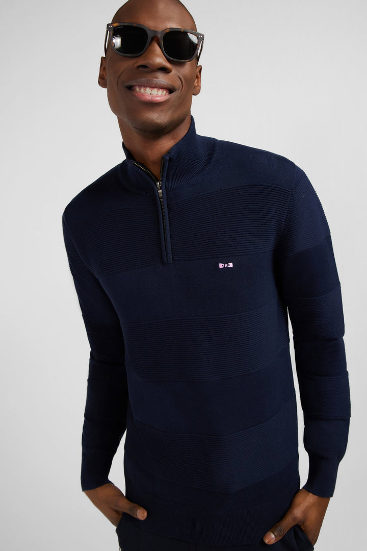 Navy semi-zipped sweater in cotton combination knit