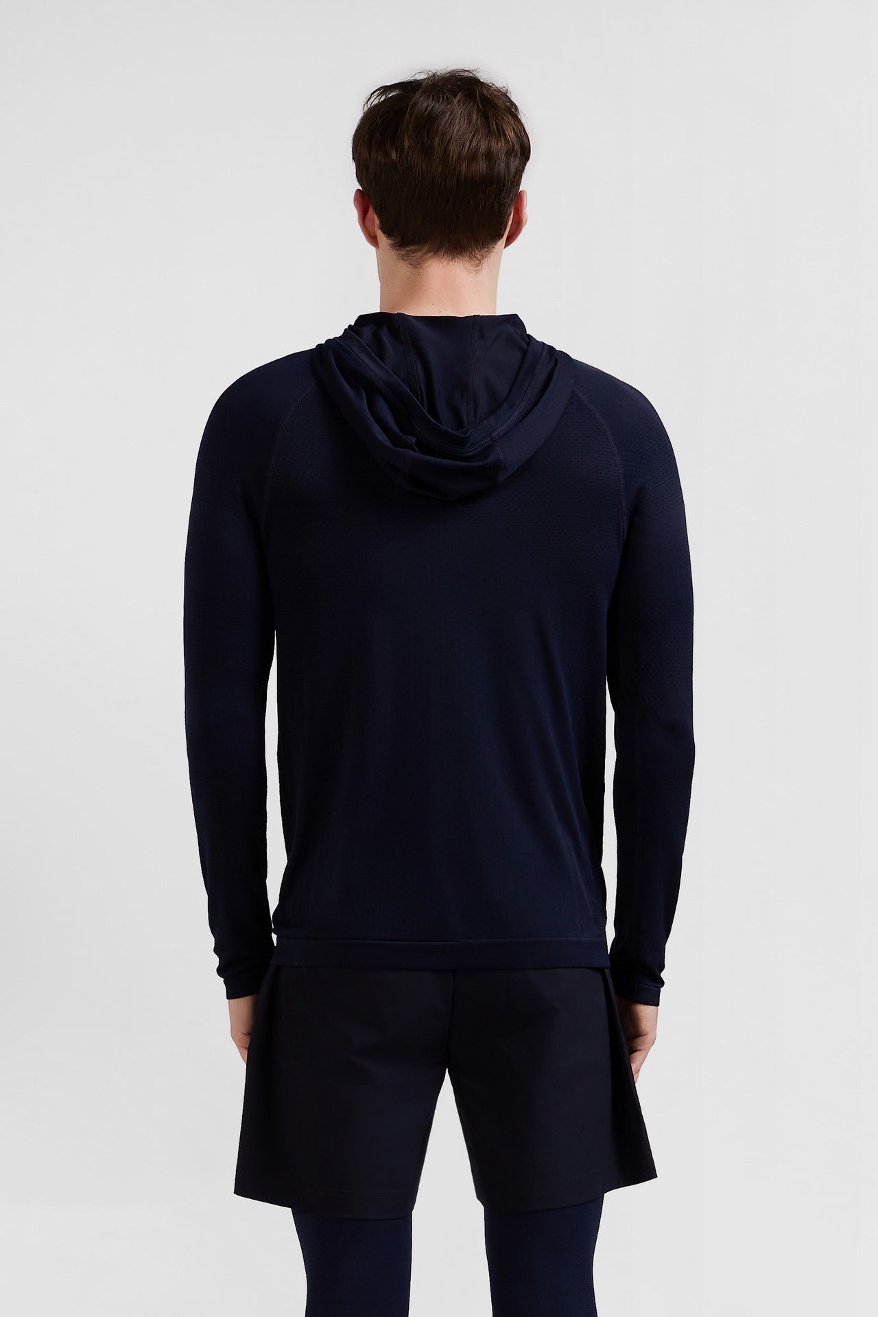 Navy blue hoodie with striped sleeves