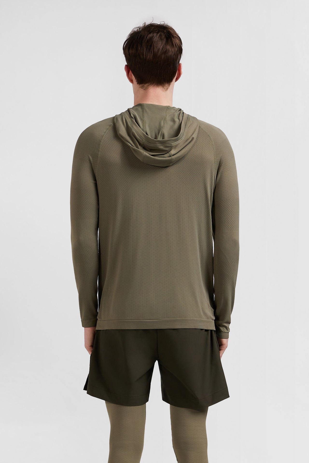 Khaki green hoodie with striped sleeves