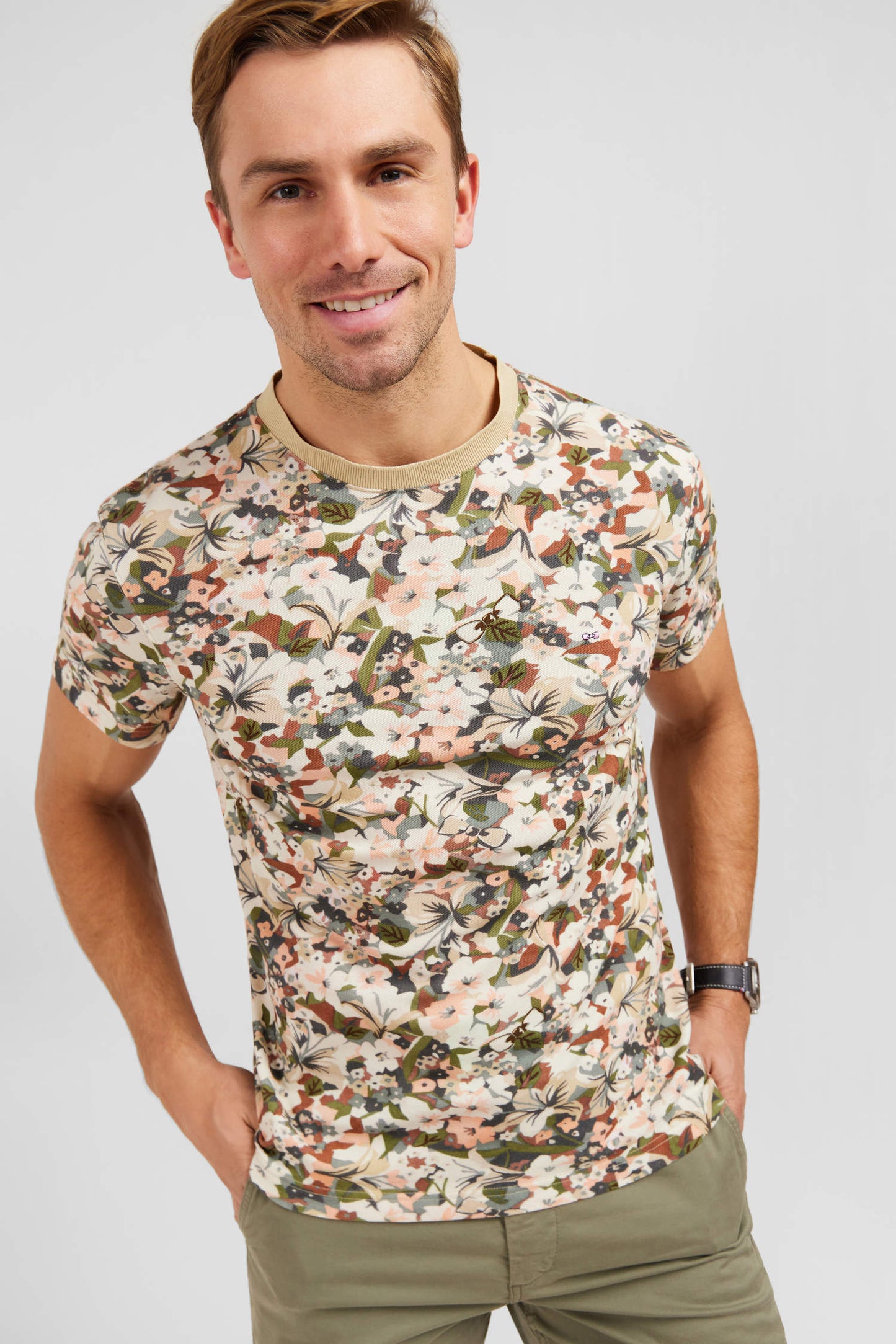 T-shirt écru en coton piqué imprimé fleuri - Image 2