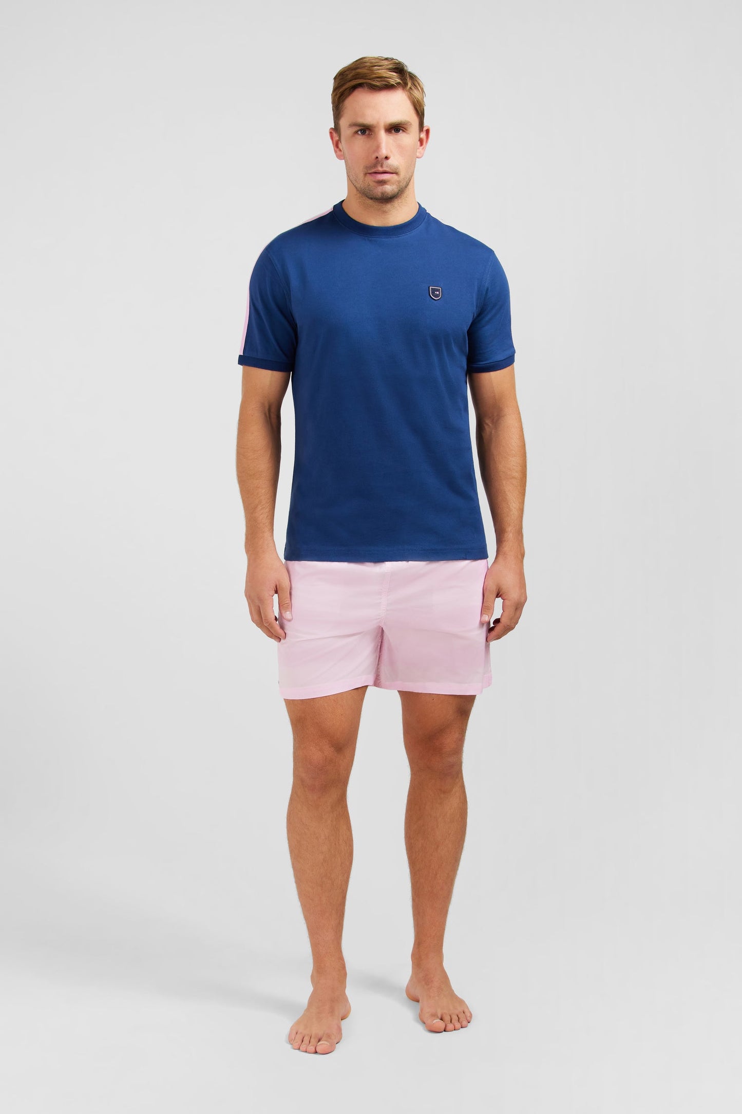 T-shirt manches courtes marine en coton galons épaules tricolores - Image 1