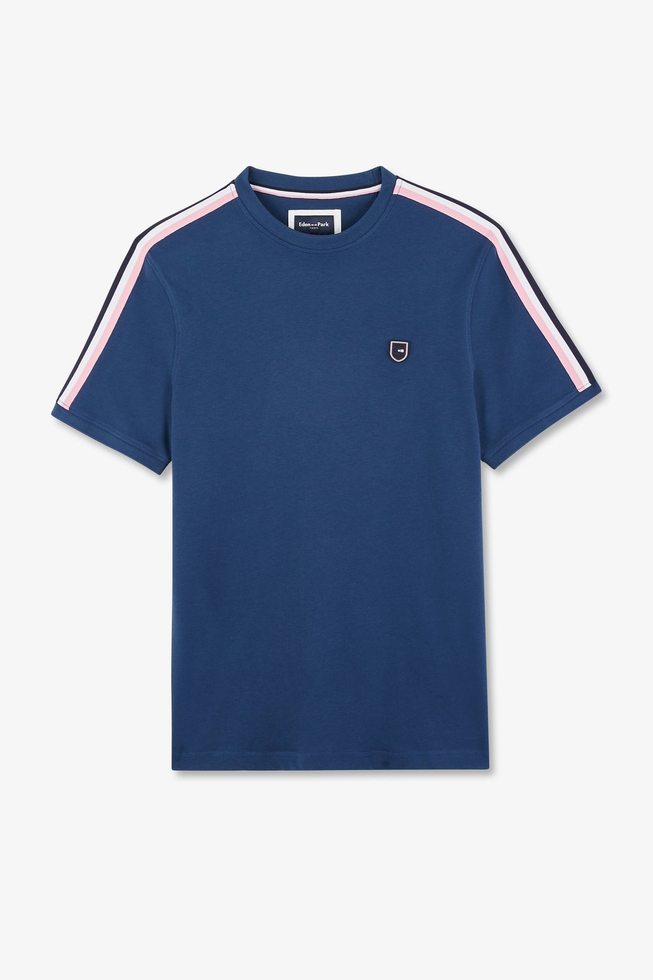 T-shirt manches courtes marine en coton galons épaules tricolores - Image 2