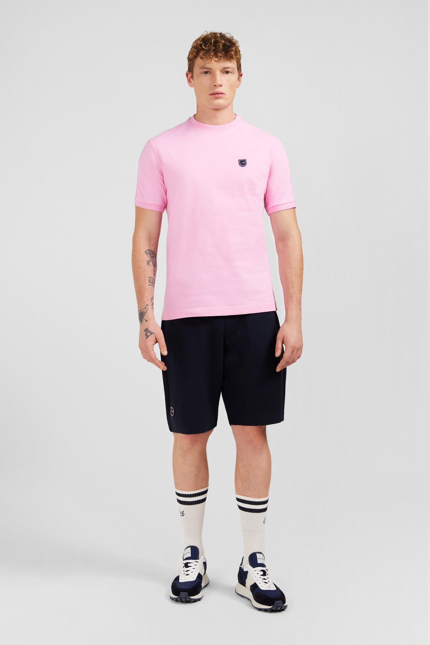 T-shirt manches courtes rose en coton galons épaules tricolores - Image 1