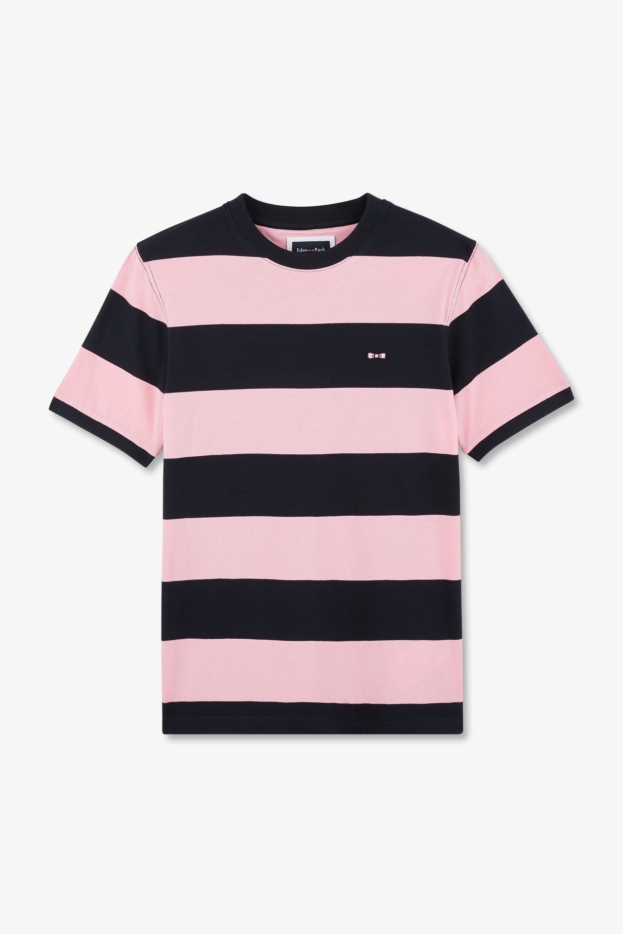 T-shirt manches courtes cerclé marine et rose en coton - Image 2