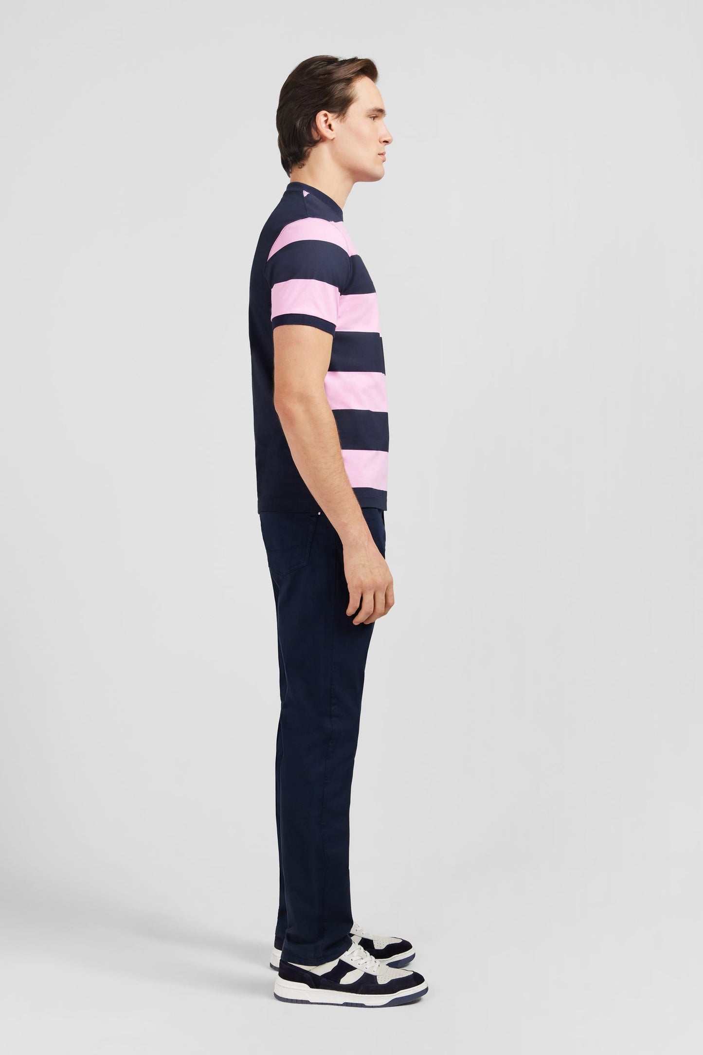 T-shirt manches courtes cerclé marine et rose en coton - Image 6