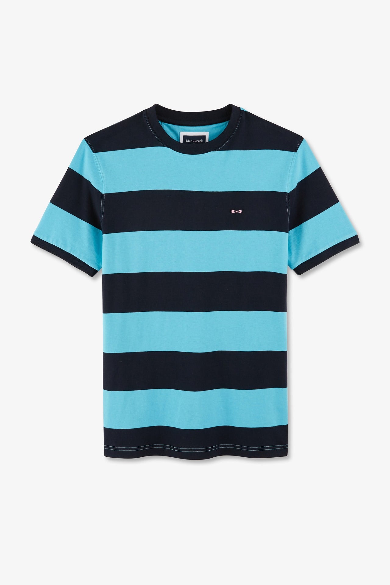 T-shirt manches courtes cerclé marine et turquoise en coton - Image 2