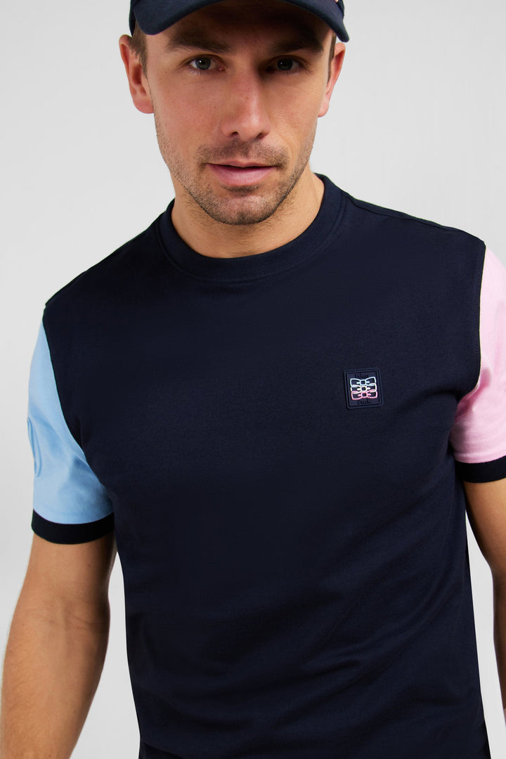 Navy cotton two-tone short-sleeved T-shirt