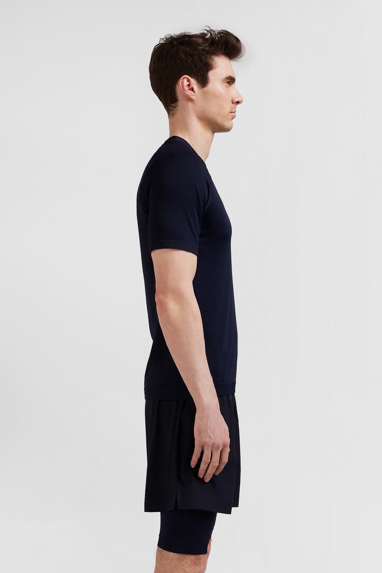 Navy blue short-sleeved sports T-shirt with striped details