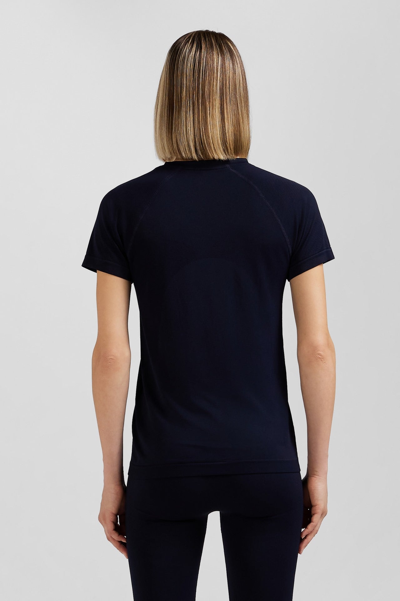 Navy blue short-sleeved sports T-shirt with striped details