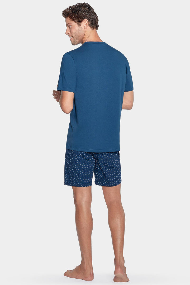 Pyjama court bleu à short micro motifs en jersey coton alt view