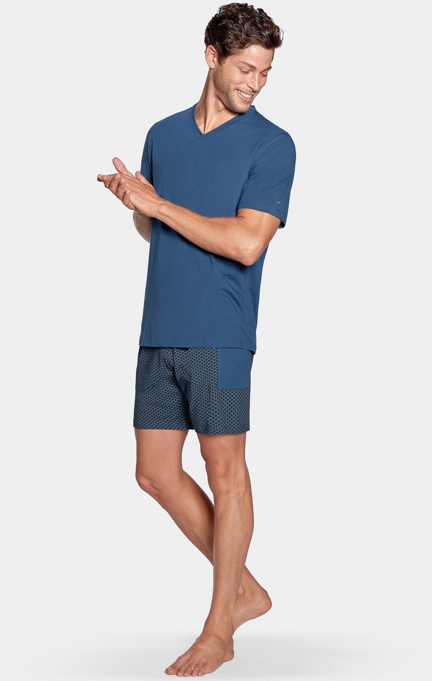 Pyjama court bleu short à micro motifs en jersey coton - Image 1