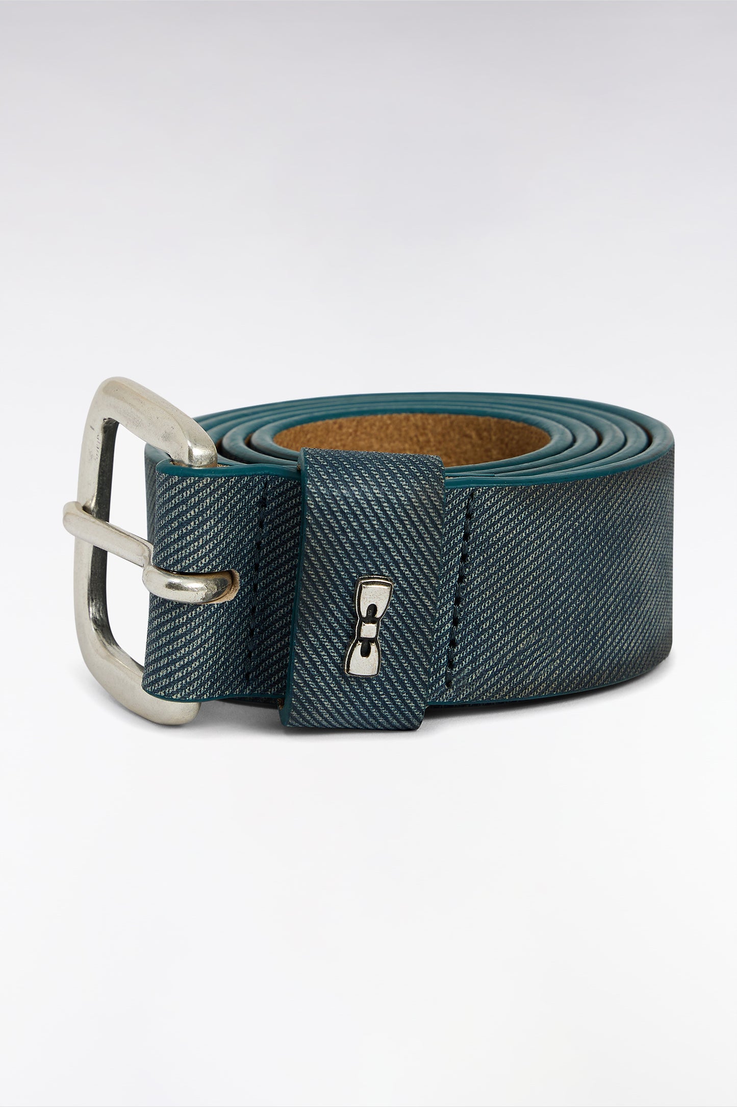 Grey split leather belt with denim effect
