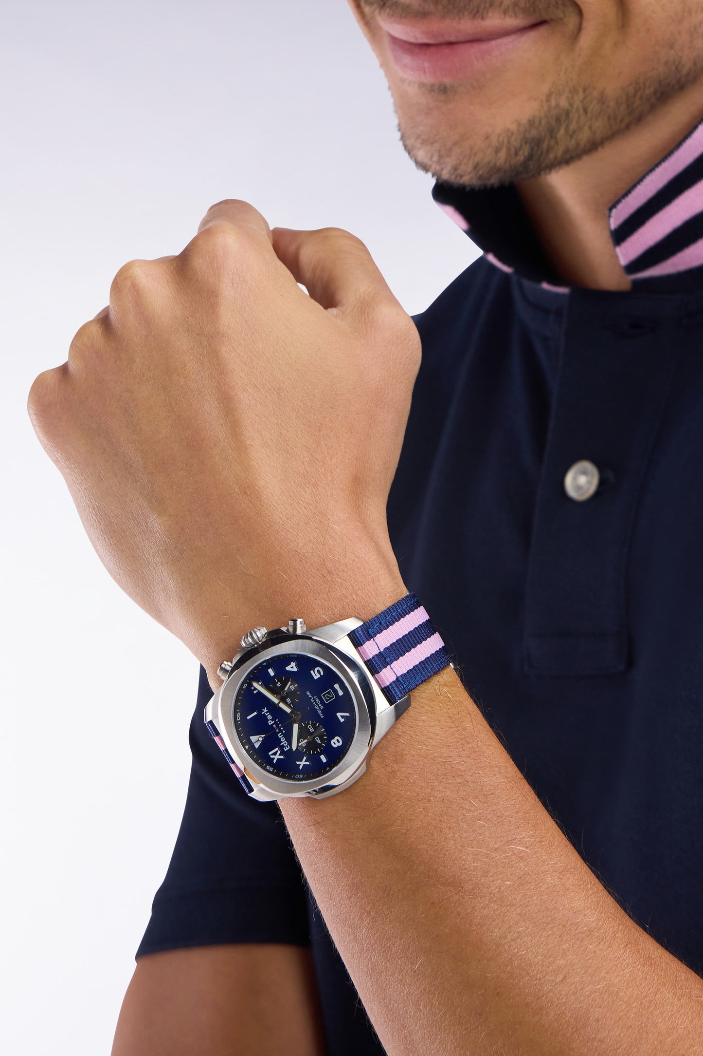 Chronograph quartz watch with blue background striped NATO strap