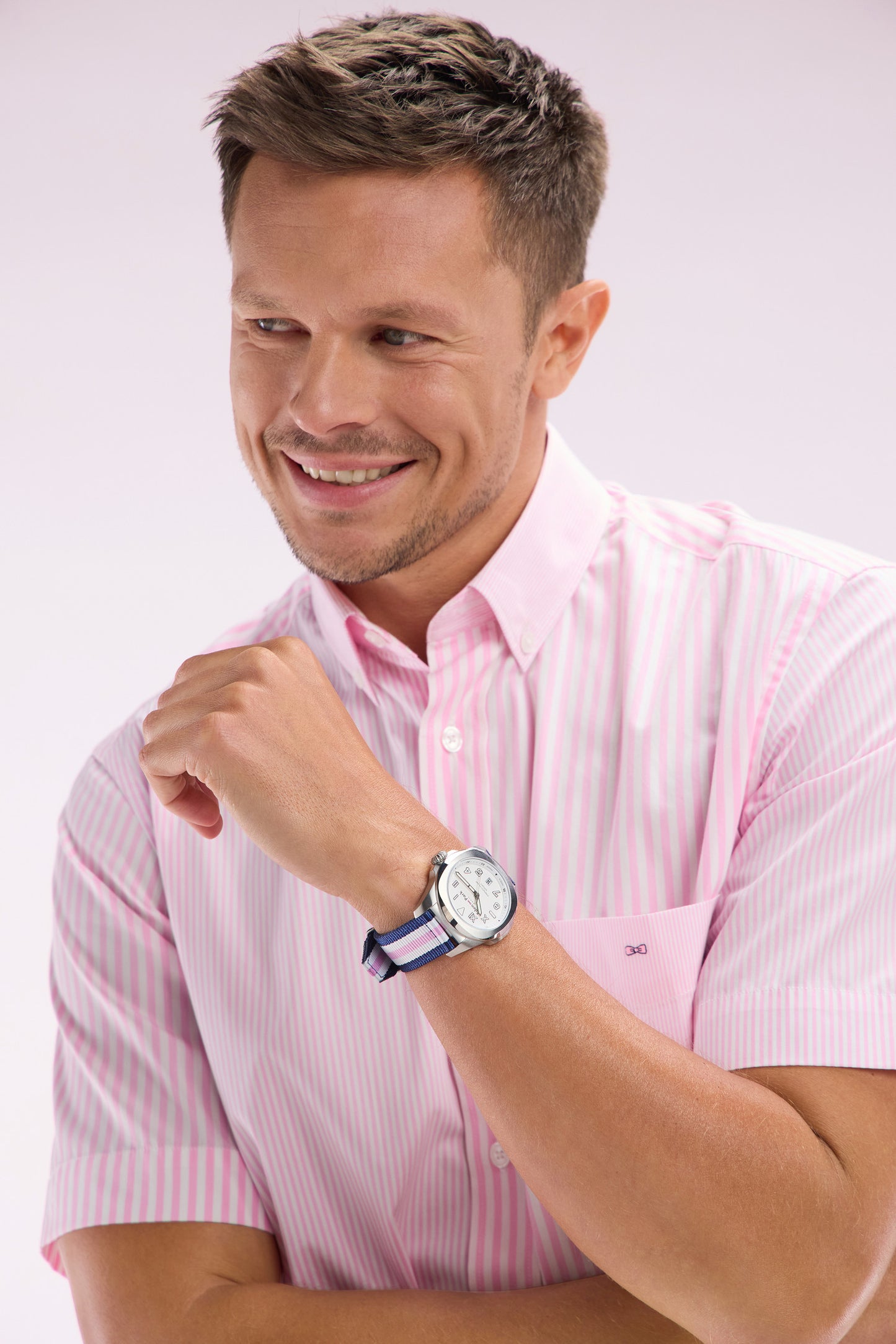 White quartz watch with striped NATO strap