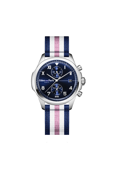 Quartz chronograph watch blue background tricolor striped NATO strap - Image 1
